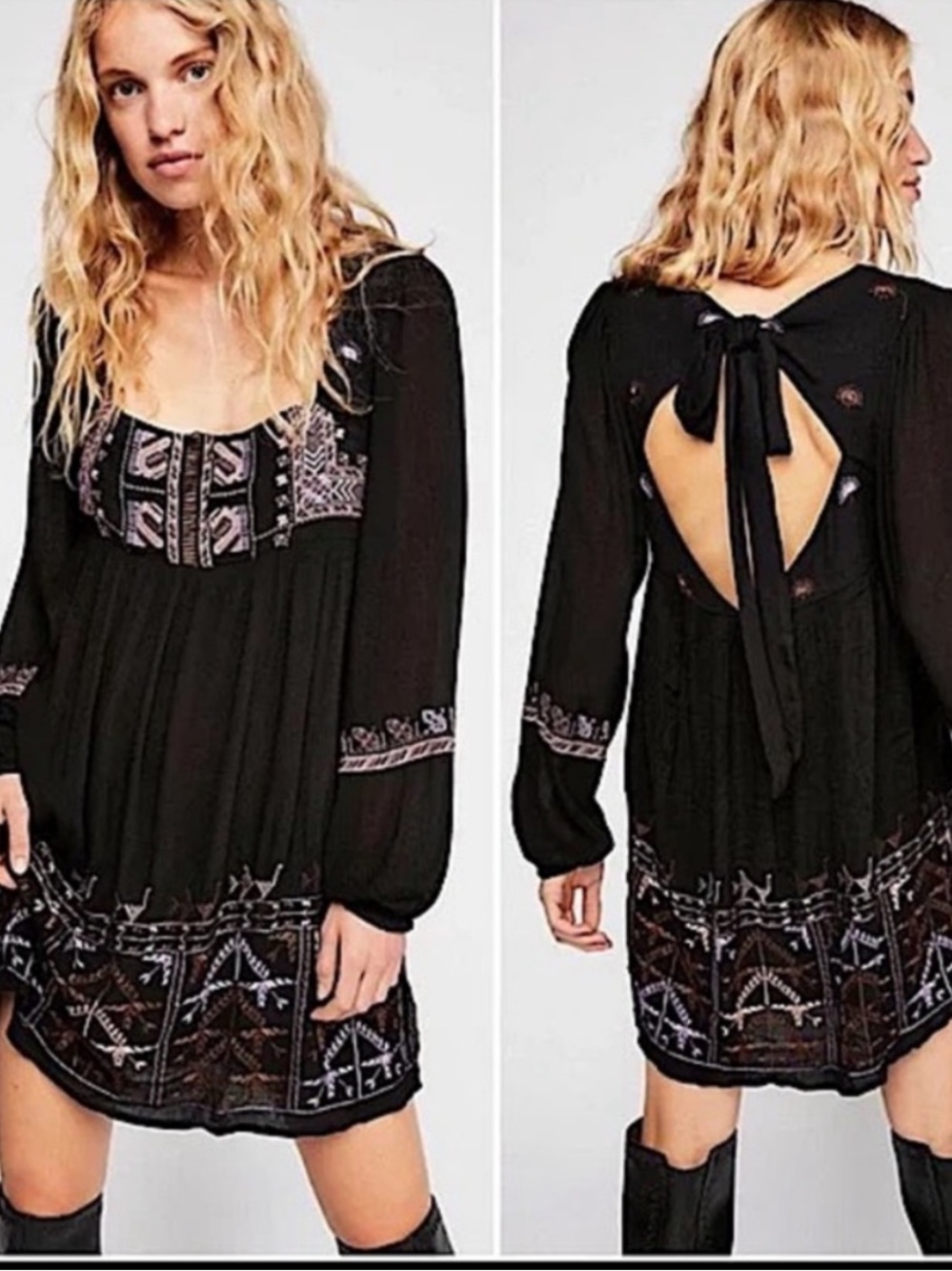 FREE PEOPLE NWT Black Dress Rhiannon Embroidered Mini Long Sleeve Whimsigoth